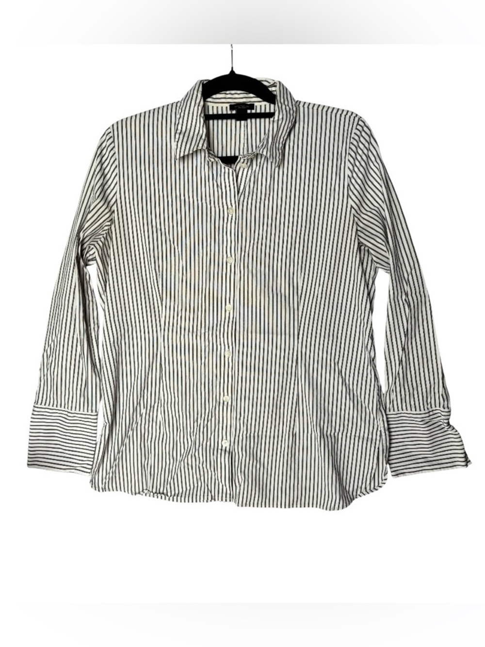 Anne Taylor Factory Button Down Blouse Women's Large Black White Stretch Career